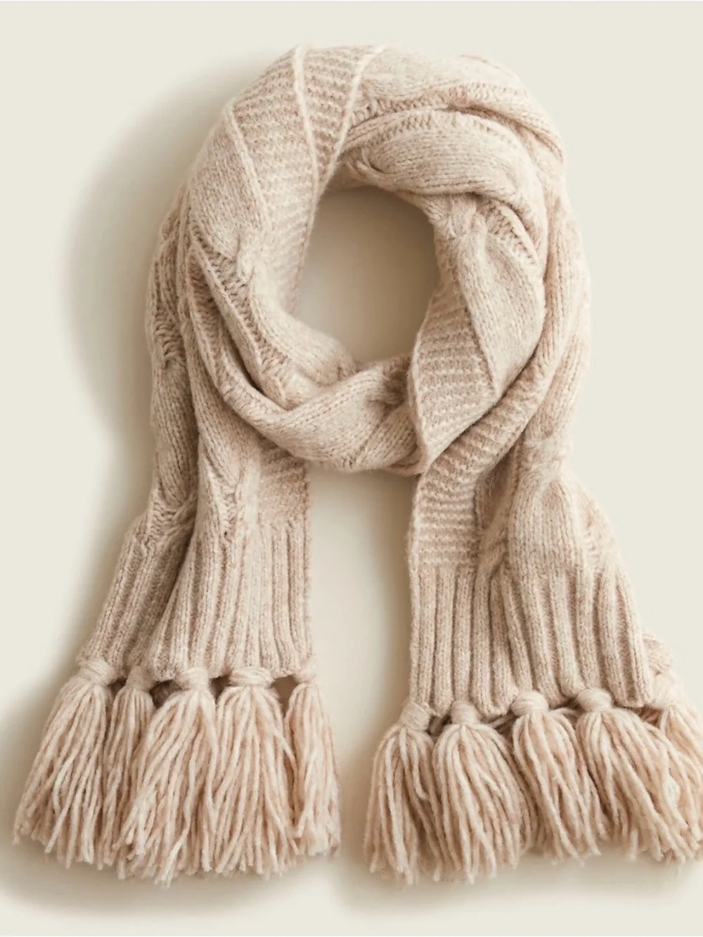 J. Crew Cable-knit fringe scarf Heather Oatmeal #419